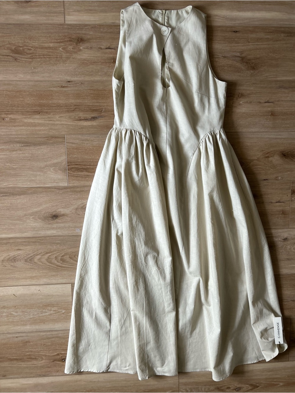 Commense Cream Cotton & Linen Midi Dress with Keyhole and Gathered Waist